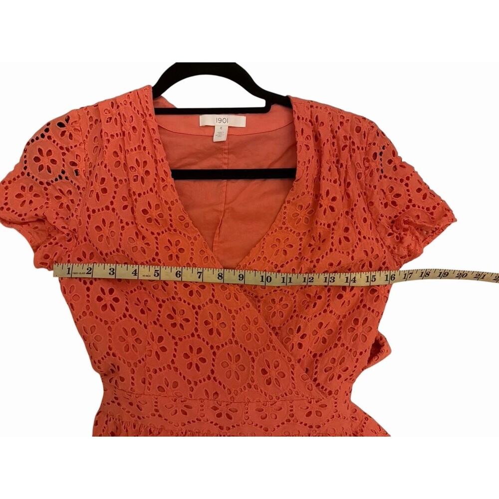 1901 Eyelet Lace Midi Dress Coral Orange Wrap Style Short Sleeve size 6 - Picture 6 of 9